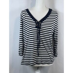 Ellen Tracy Top Womens Large Navy Blue Excellent Lace Up V-Neck Striped Knit